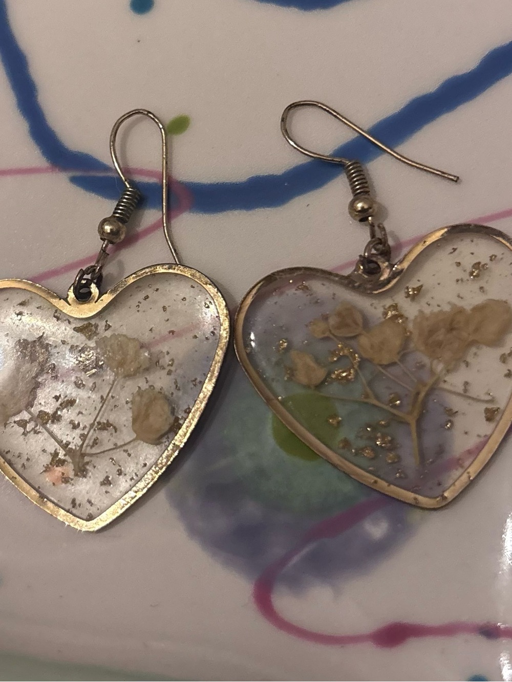 Heart Drop Earrings with Dried Flower Inlay - Gold Frame - Women Jewelry